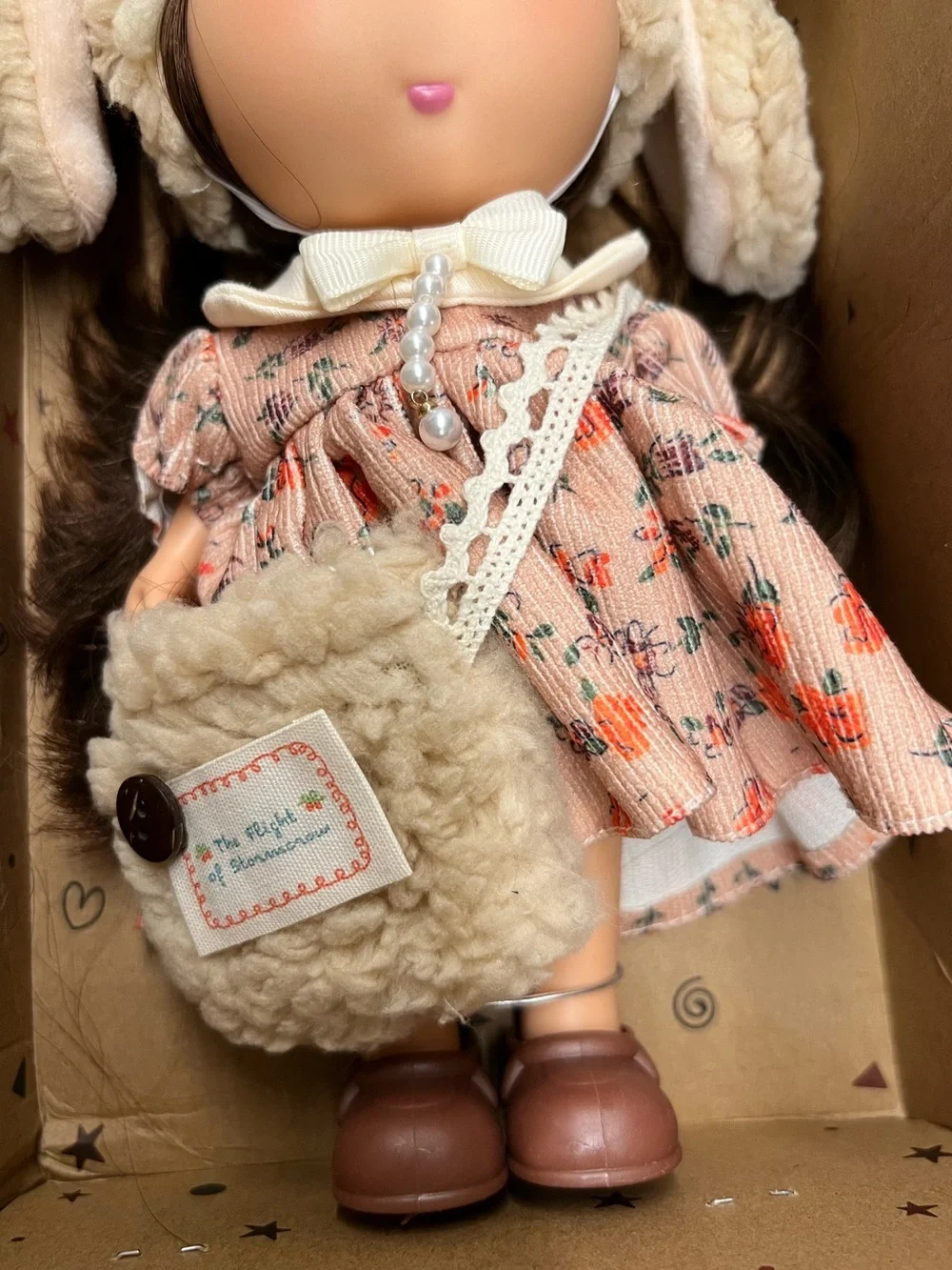 New, Mia Potato Doll with Plush Winter Hat and Floral Dress - Cream & Pink